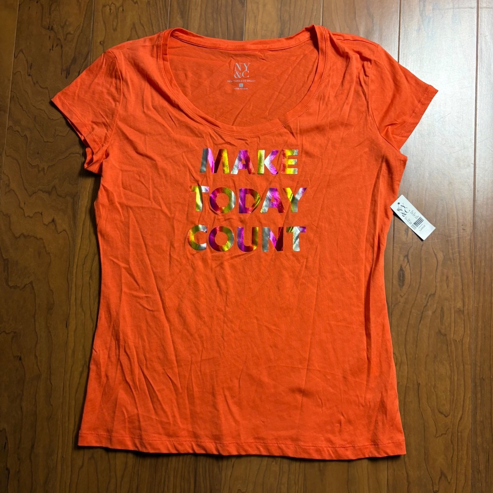 New York & Company Orange Make Today Count Rainbow Foil Graphic Tee Large NWT